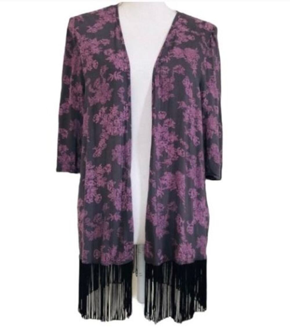 Bongo Light Purple Gray Black Fringe Kimono Medium
